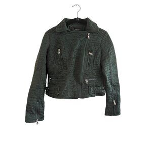 Ashley Outerwear Olive Green Croc-Embossed Quilted Moto Jacket S Lightweight Pol
